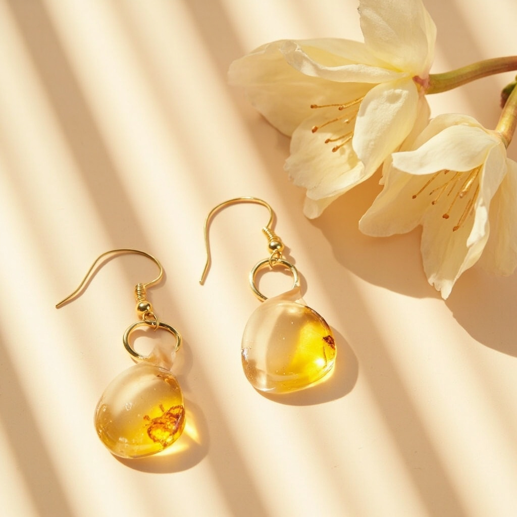 Boucles d’Oreilles Légères – Métal Recyclé Doré & Résine Végétale Ambre